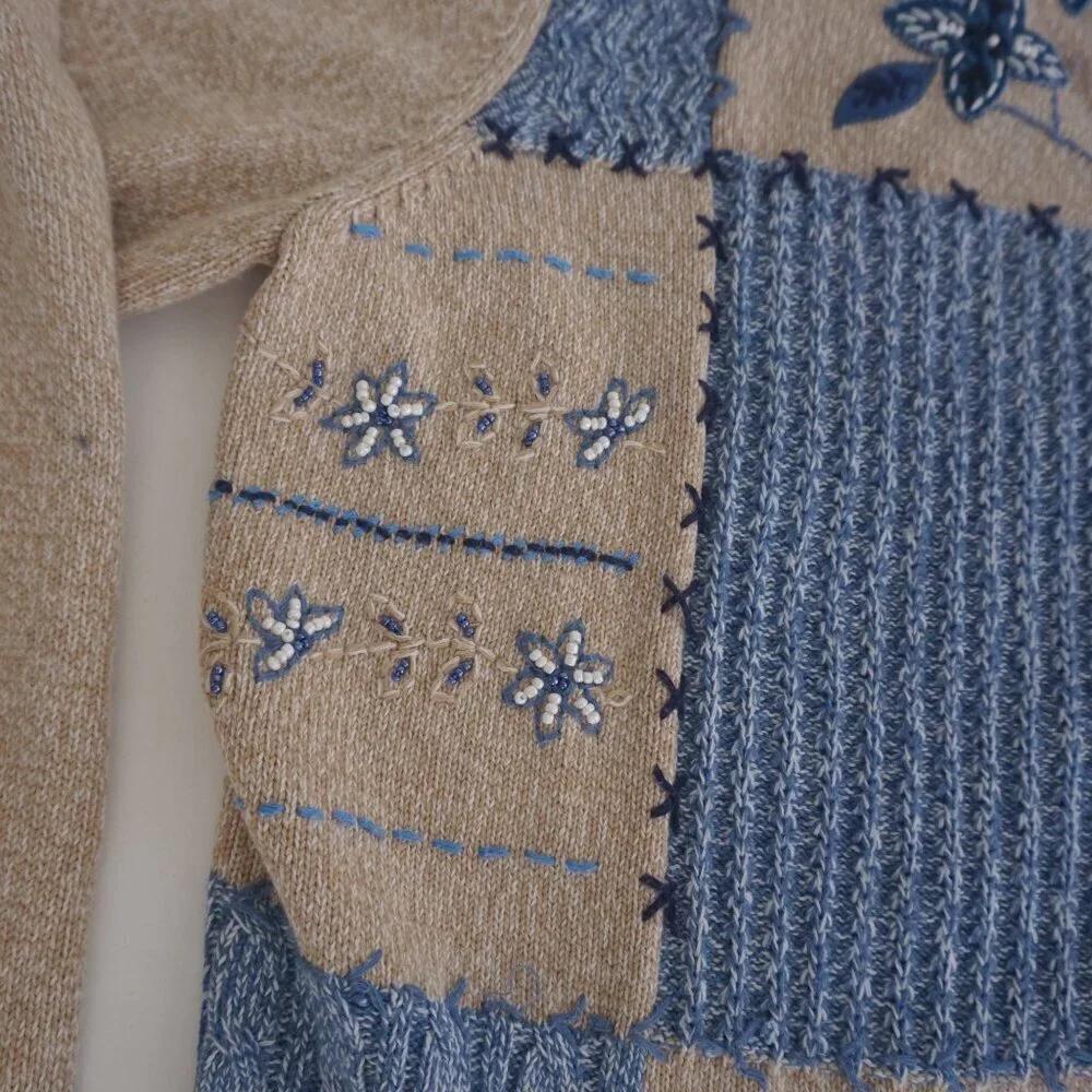 Alia Beige Blue Embroidered Floral Knit Zip Up Cardigan Sweater Large - Picture 10 of 14